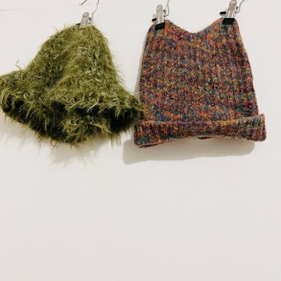 Accessories - Women’s Fuzzy Olive Green and Pink Mixed Bucket Hat Set - Soft Winter Accessory